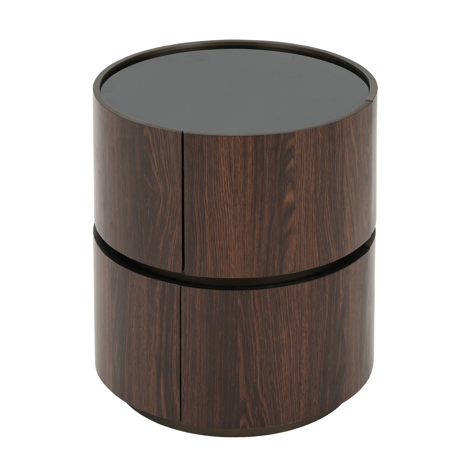 Elegant MDF Italian High-Grade Double-Layer Storage Round Side Table in Brown and Black with Tempered Glass Top