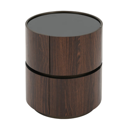 Elegant MDF Italian High-Grade Double-Layer Storage Round Side Table in Brown and Black with Tempered Glass Top