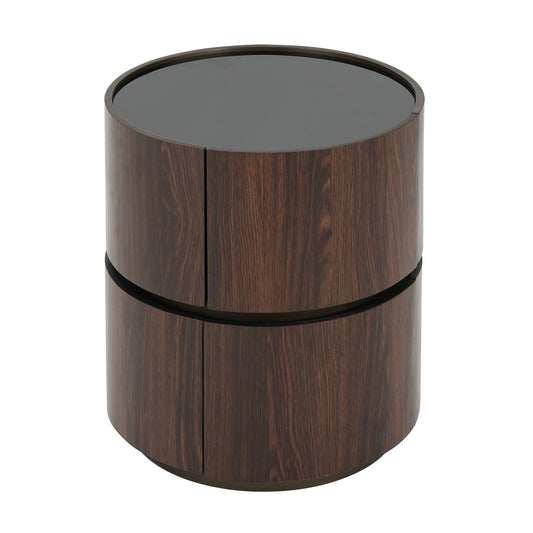 Elegant MDF Italian High-Grade Double-Layer Storage Round Side Table in Brown and Black with Tempered Glass Top