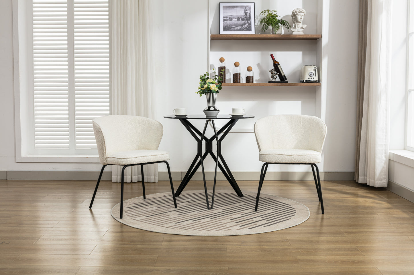 042-Set of 2 Boucle Fabric Dining Chairs With Black Metal Legs,Ivory
