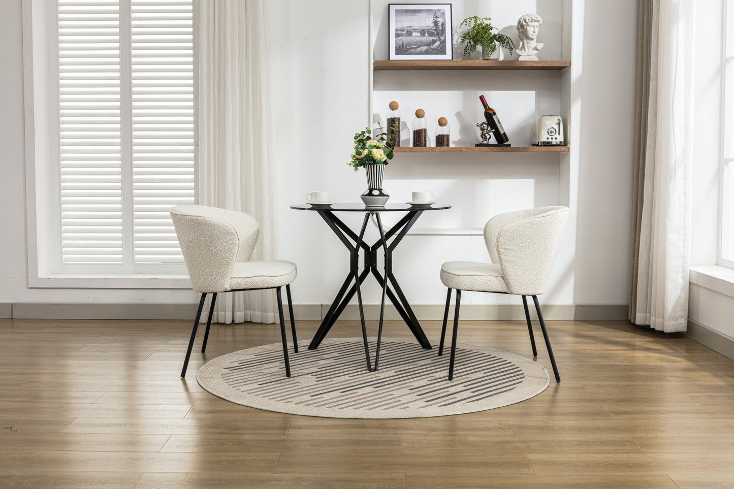 042-Set of 2 Boucle Fabric Dining Chairs With Black Metal Legs,Ivory