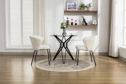 042-Set of 2 Boucle Fabric Dining Chairs With Black Metal Legs,Ivory