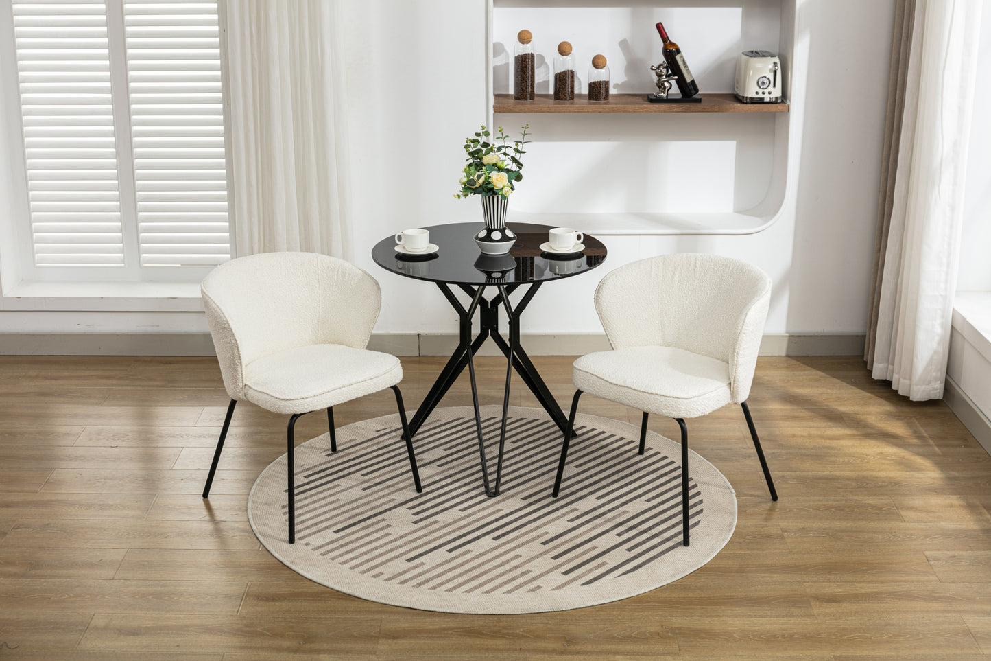 042-Set of 2 Boucle Fabric Dining Chairs With Black Metal Legs,Ivory