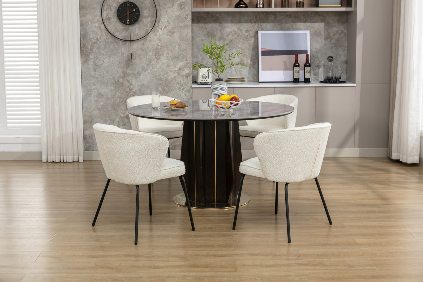 042-Set of 2 Boucle Fabric Dining Chairs With Black Metal Legs,Ivory