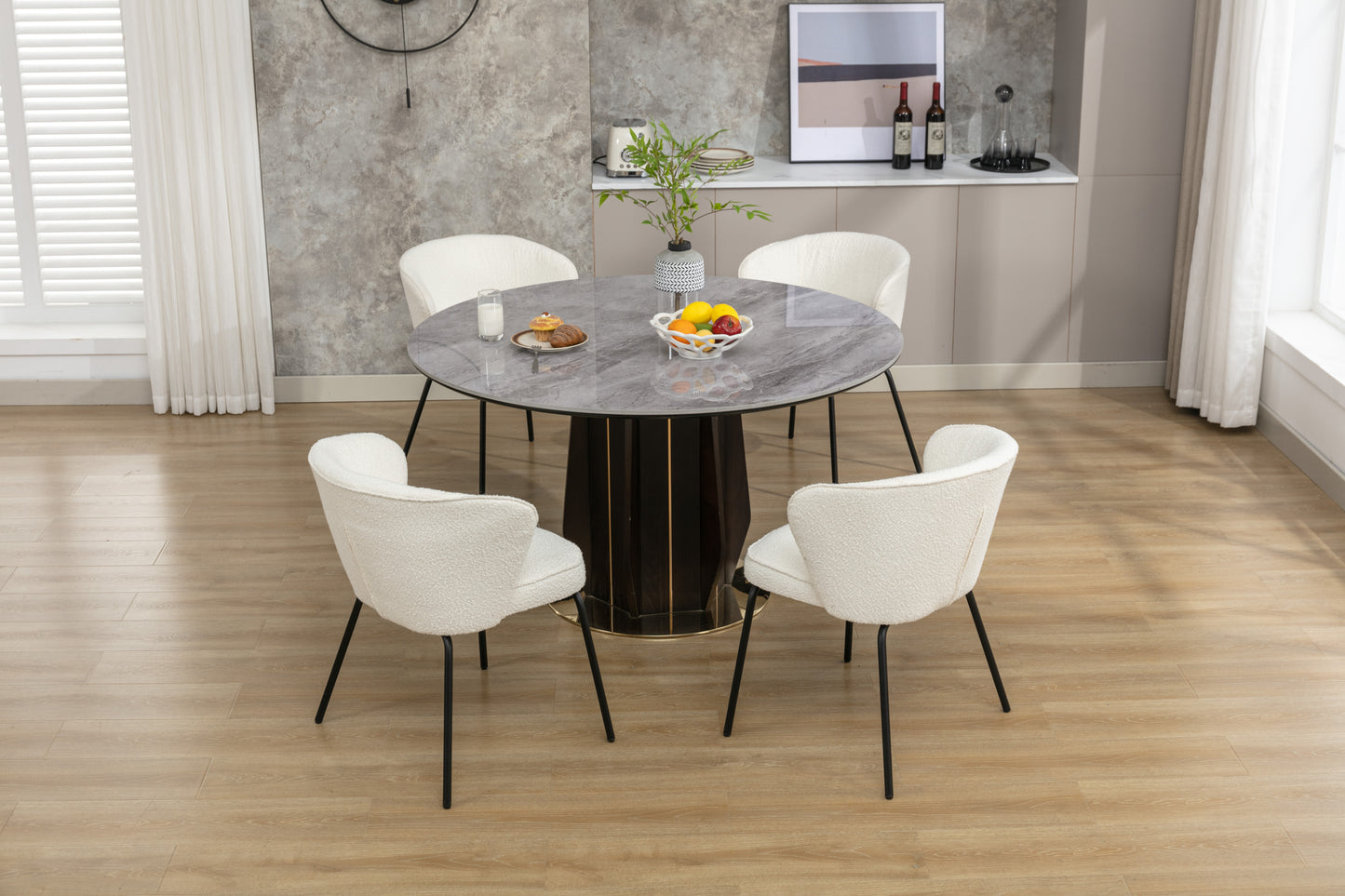 042-Set of 2 Boucle Fabric Dining Chairs With Black Metal Legs,Ivory