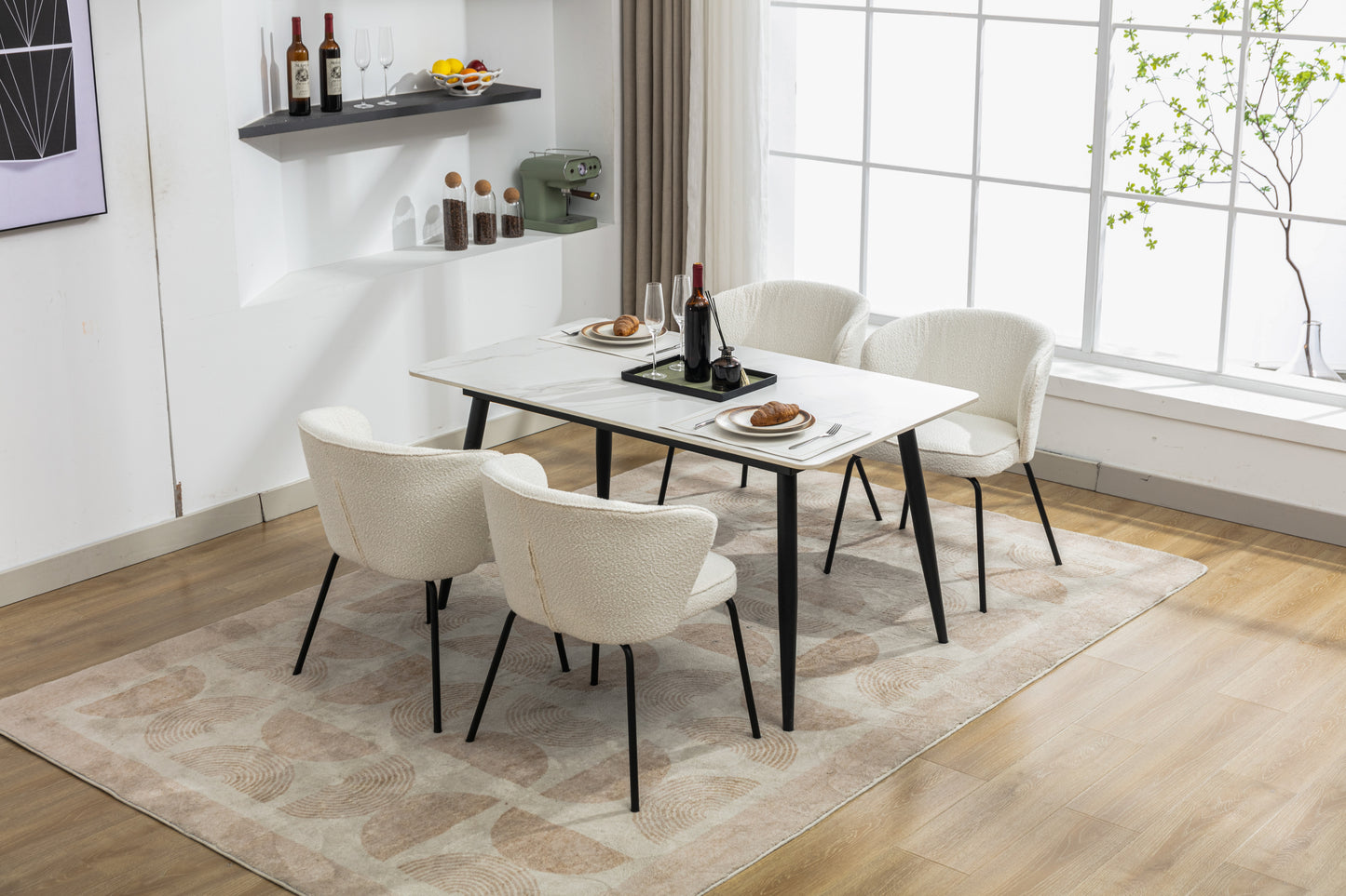 042-Set of 2 Boucle Fabric Dining Chairs With Black Metal Legs,Ivory