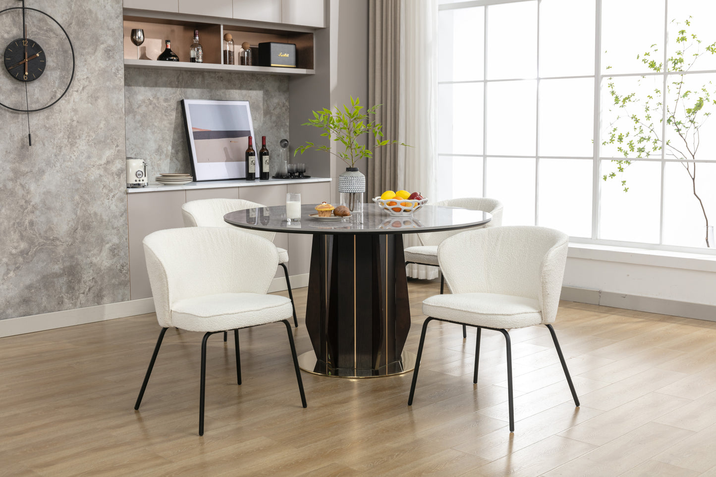 042-Set of 2 Boucle Fabric Dining Chairs With Black Metal Legs,Ivory