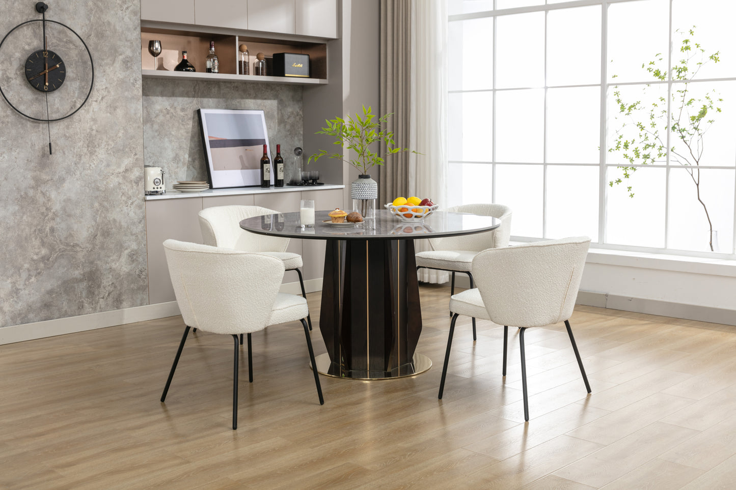 042-Set of 2 Boucle Fabric Dining Chairs With Black Metal Legs,Ivory