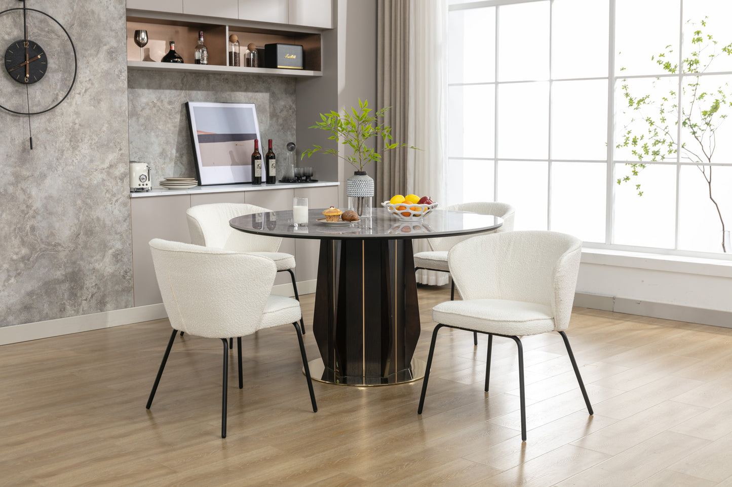 042-Set of 2 Boucle Fabric Dining Chairs With Black Metal Legs,Ivory