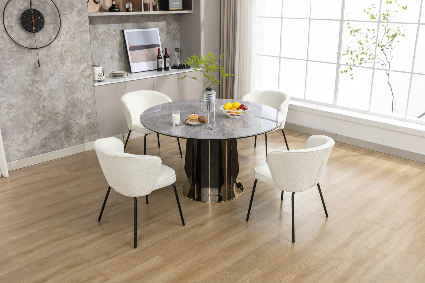 042-Set of 2 Boucle Fabric Dining Chairs With Black Metal Legs,Ivory