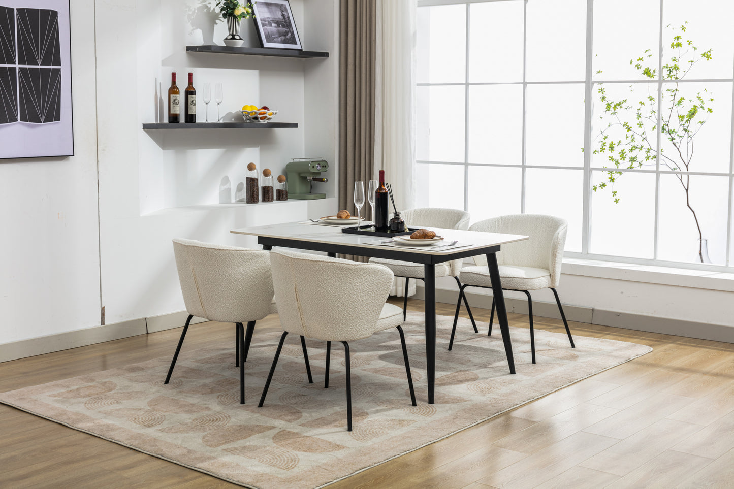 042-Set of 2 Boucle Fabric Dining Chairs With Black Metal Legs,Ivory