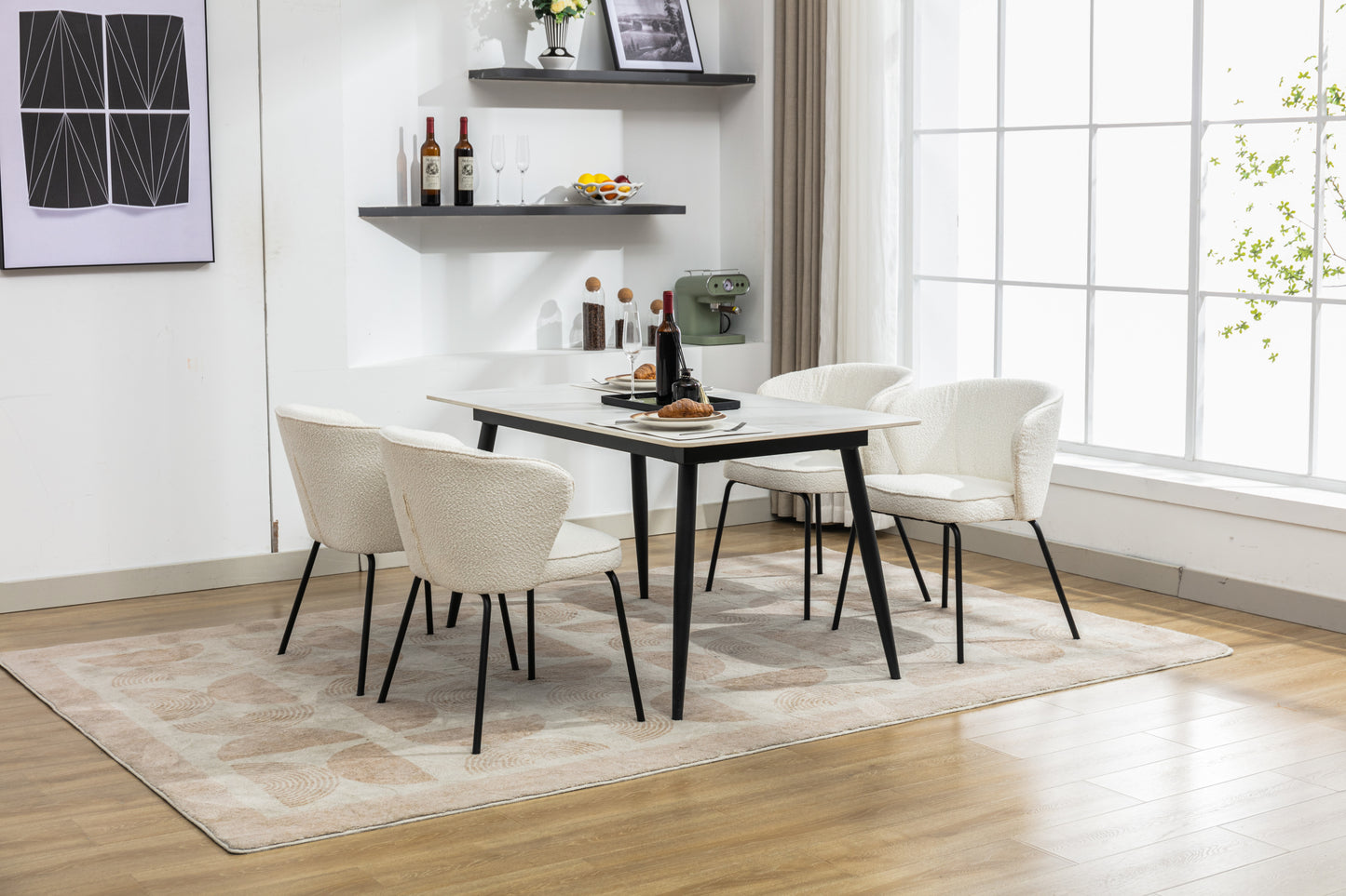 042-Set of 2 Boucle Fabric Dining Chairs With Black Metal Legs,Ivory