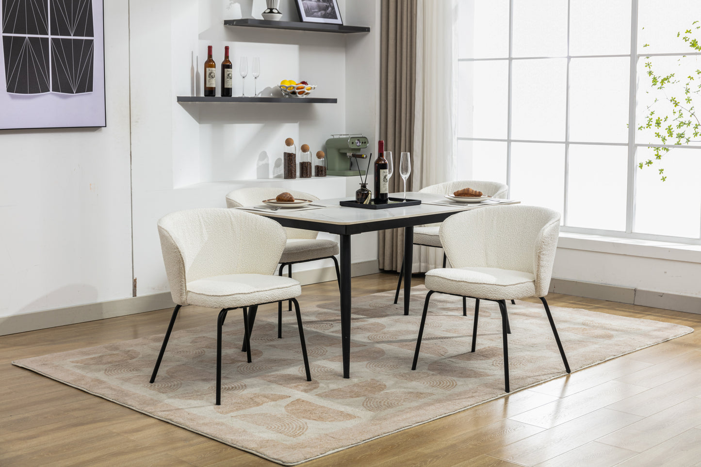 042-Set of 2 Boucle Fabric Dining Chairs With Black Metal Legs,Ivory