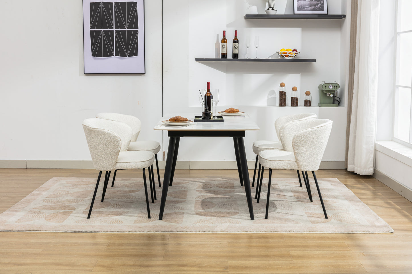 042-Set of 2 Boucle Fabric Dining Chairs With Black Metal Legs,Ivory