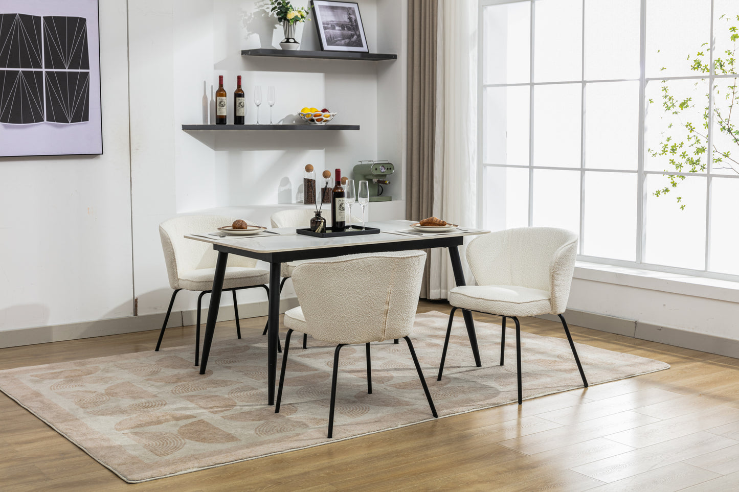 042-Set of 2 Boucle Fabric Dining Chairs With Black Metal Legs,Ivory