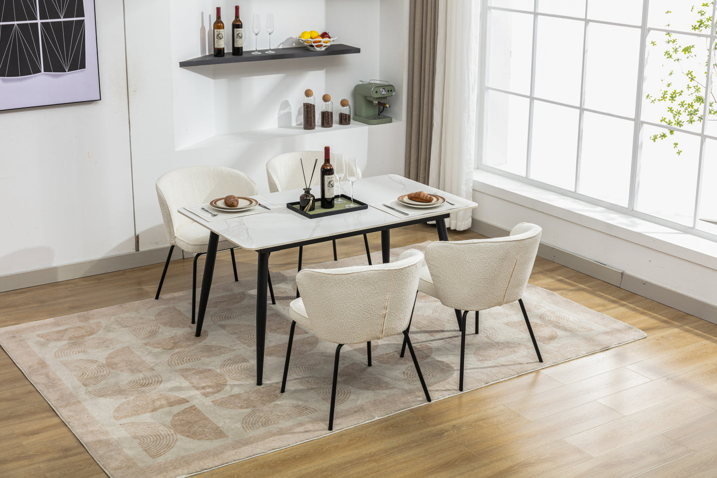 042-Set of 2 Boucle Fabric Dining Chairs With Black Metal Legs,Ivory