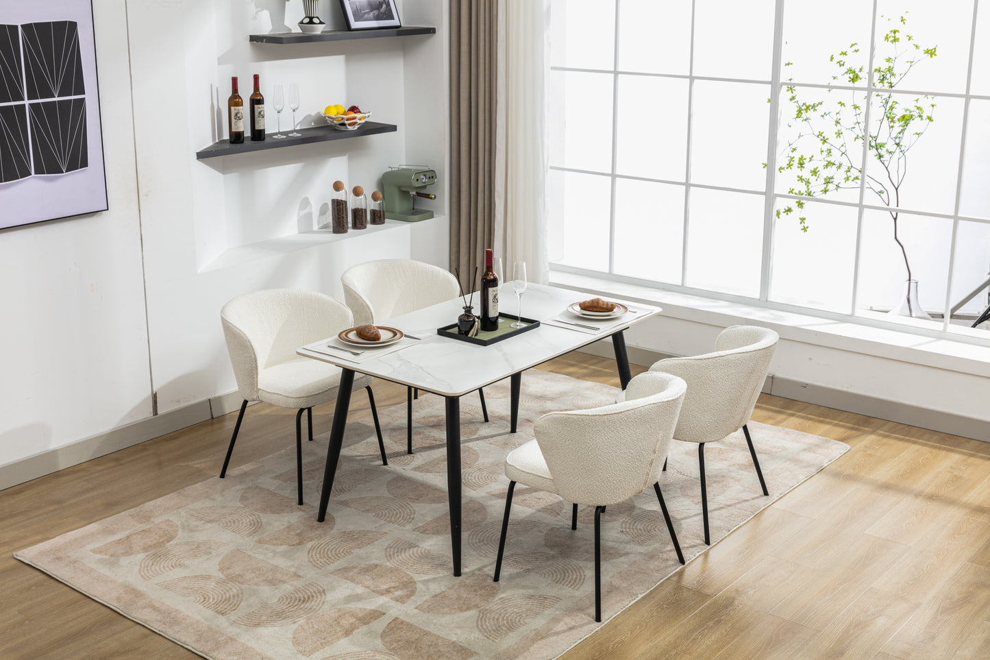 042-Set of 2 Boucle Fabric Dining Chairs With Black Metal Legs,Ivory