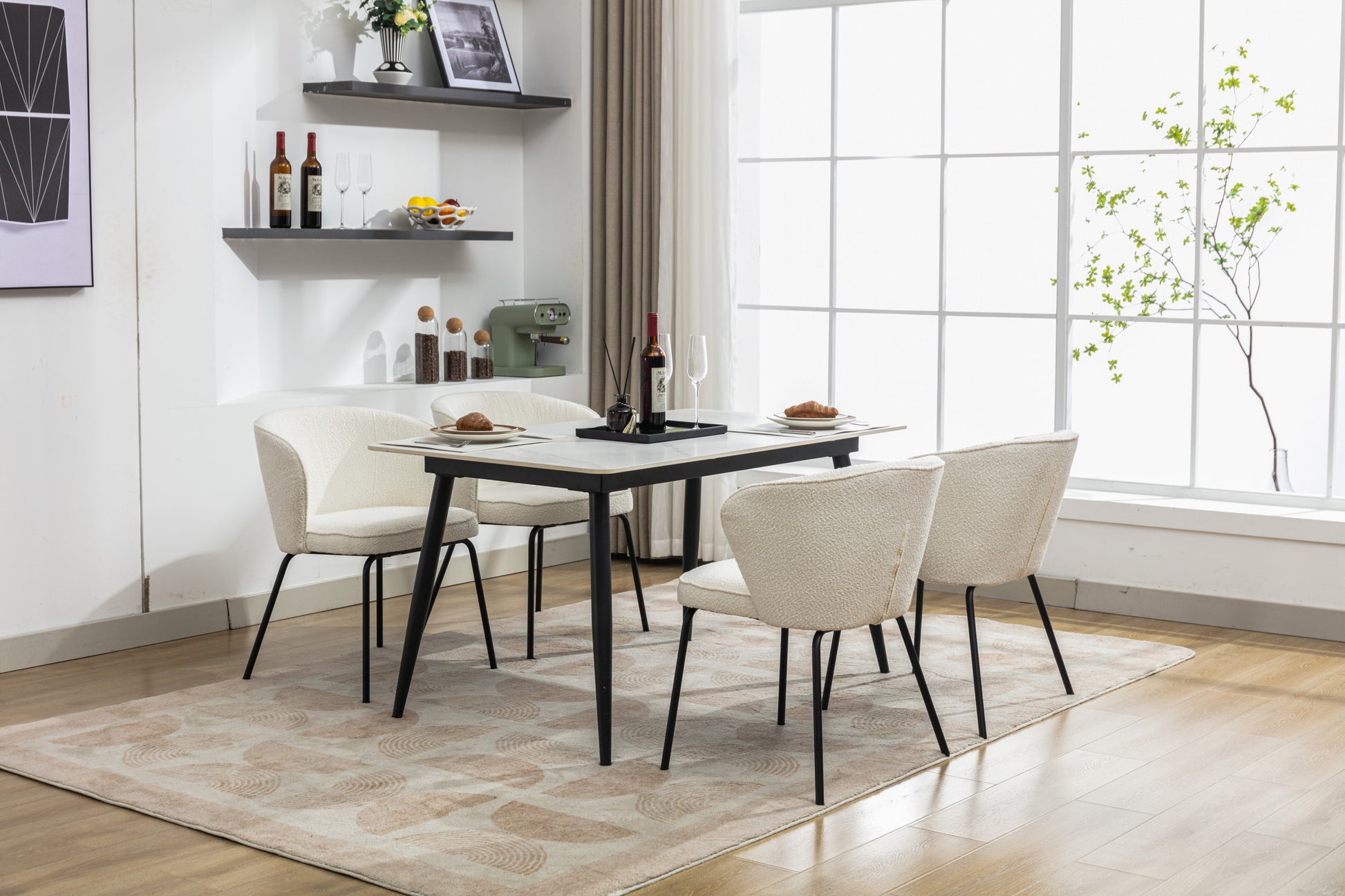 042-Set of 2 Boucle Fabric Dining Chairs With Black Metal Legs,Ivory