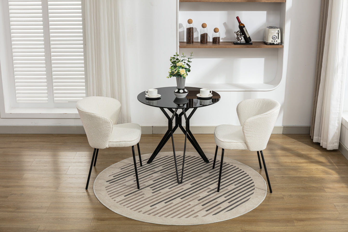 042-Set of 2 Boucle Fabric Dining Chairs With Black Metal Legs,Ivory