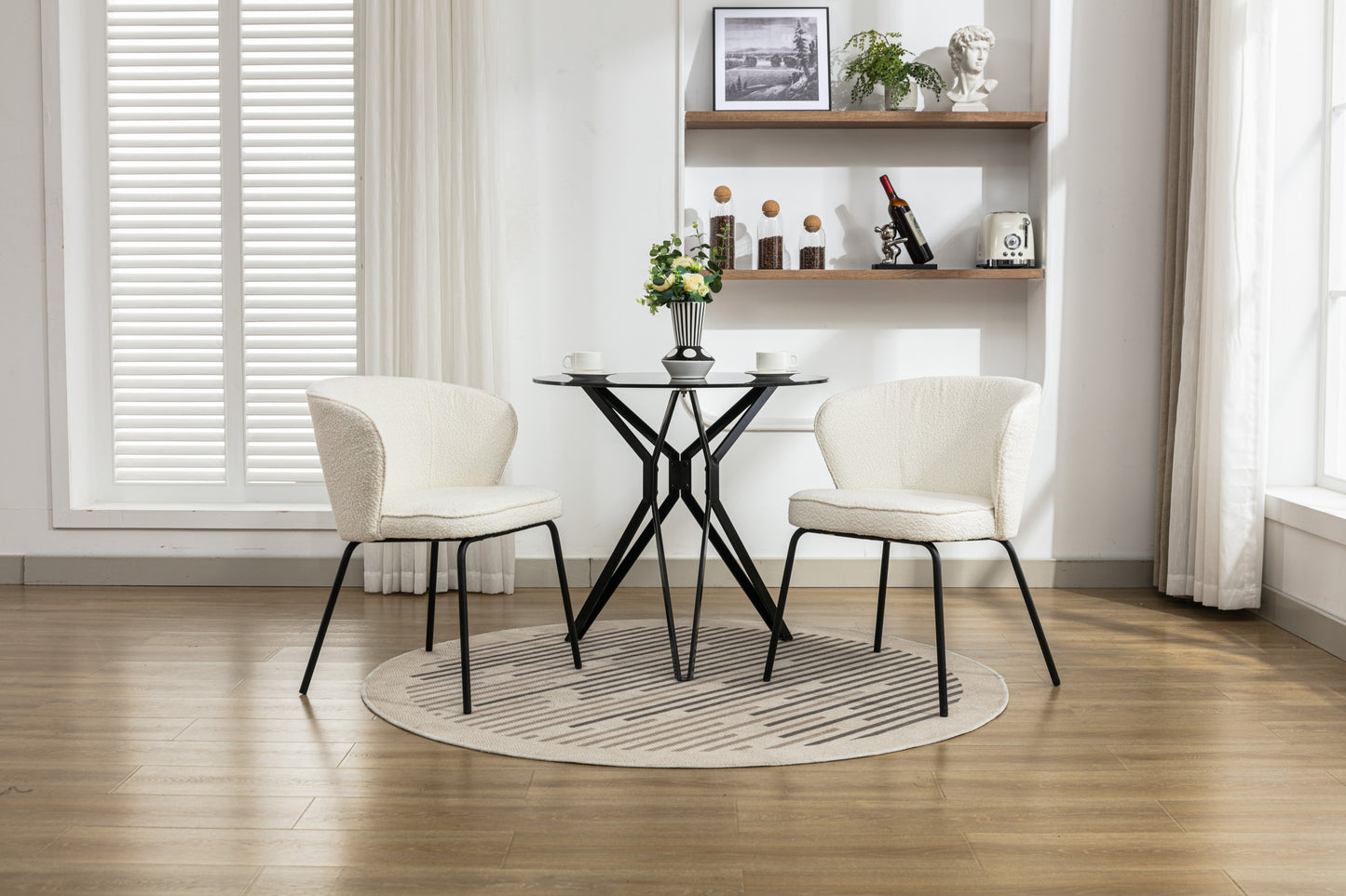 042-Set of 2 Boucle Fabric Dining Chairs With Black Metal Legs,Ivory