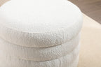 007-Boucle Fabric Storage Round Ottoman Footstool With Wooden Shelving,Ivory