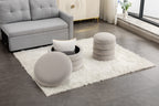 007-Boucle Fabric Storage Round Ottoman Footstool With Wooden Shelving,Ivory