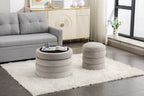 007-Boucle Fabric Storage Round Ottoman Footstool With Wooden Shelving,Ivory
