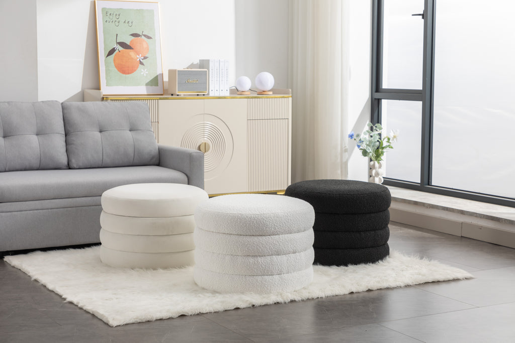 007-Boucle Fabric Storage Round Ottoman Footstool With Wooden Shelving,Ivory