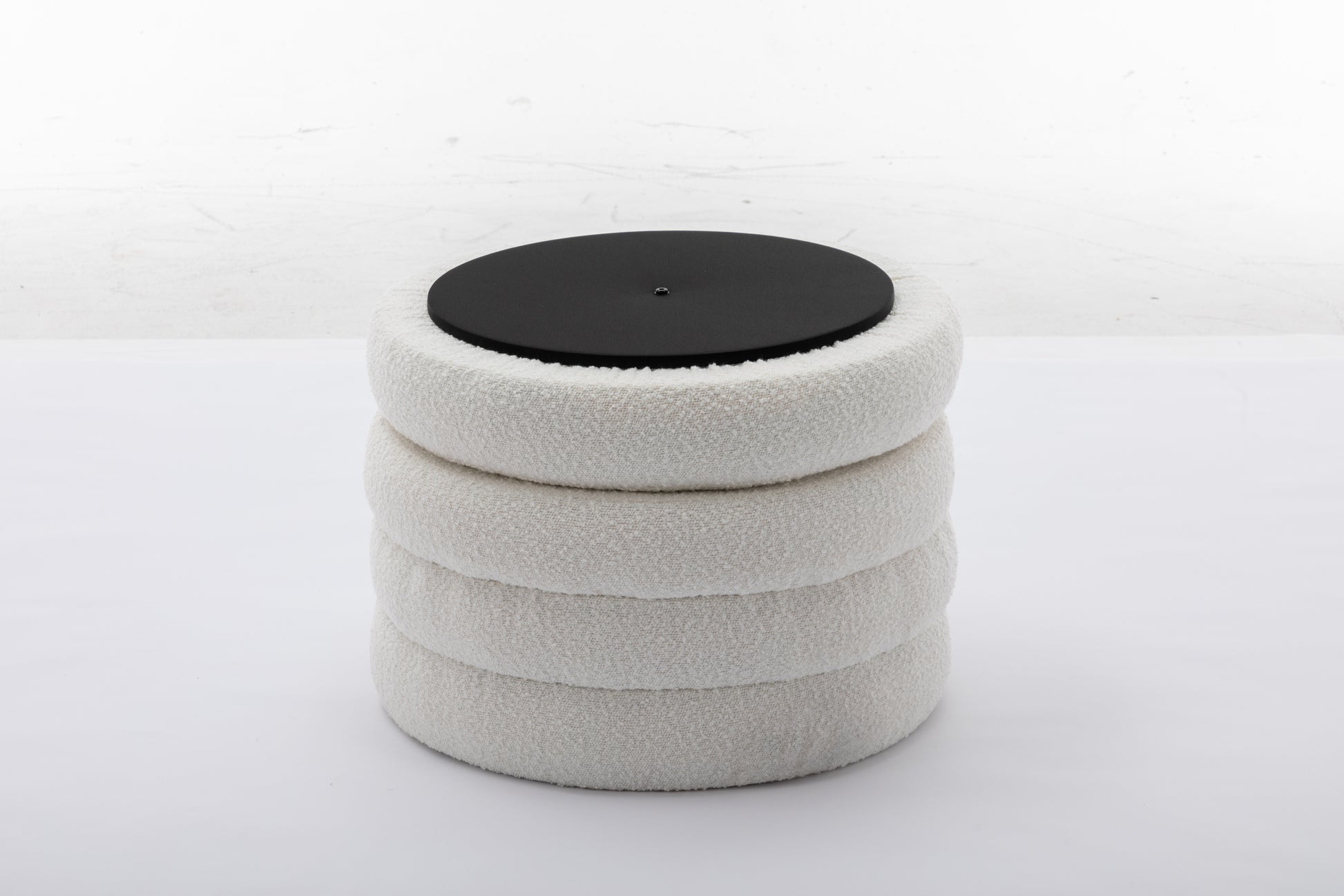 007-Boucle Fabric Storage Round Ottoman Footstool With Wooden Shelving,Ivory