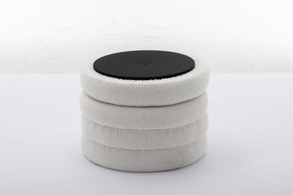 007-Boucle Fabric Storage Round Ottoman Footstool With Wooden Shelving,Ivory