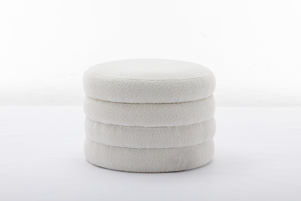 007-Boucle Fabric Storage Round Ottoman Footstool With Wooden Shelving,Ivory