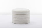 007-Boucle Fabric Storage Round Ottoman Footstool With Wooden Shelving,Ivory
