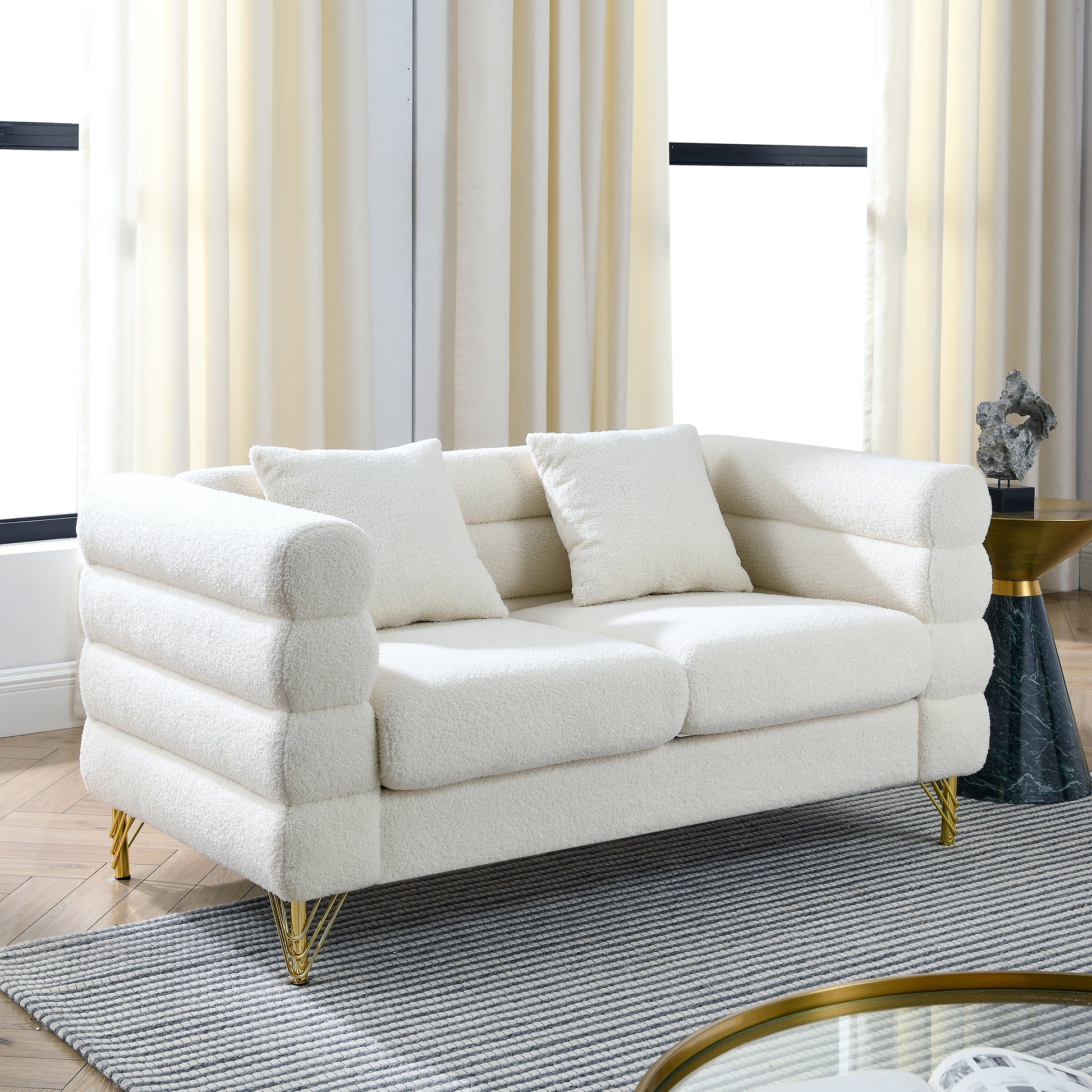 60Inch Oversized 2 Seater Sectional Sofa, Living Room Comfort Fabric Sectional Sofa-Deep Seating Sectional Sofa, Soft Sitting with 2 Pillows for Living Room, Bedroom White teddy(Ivory)(W834S00029)