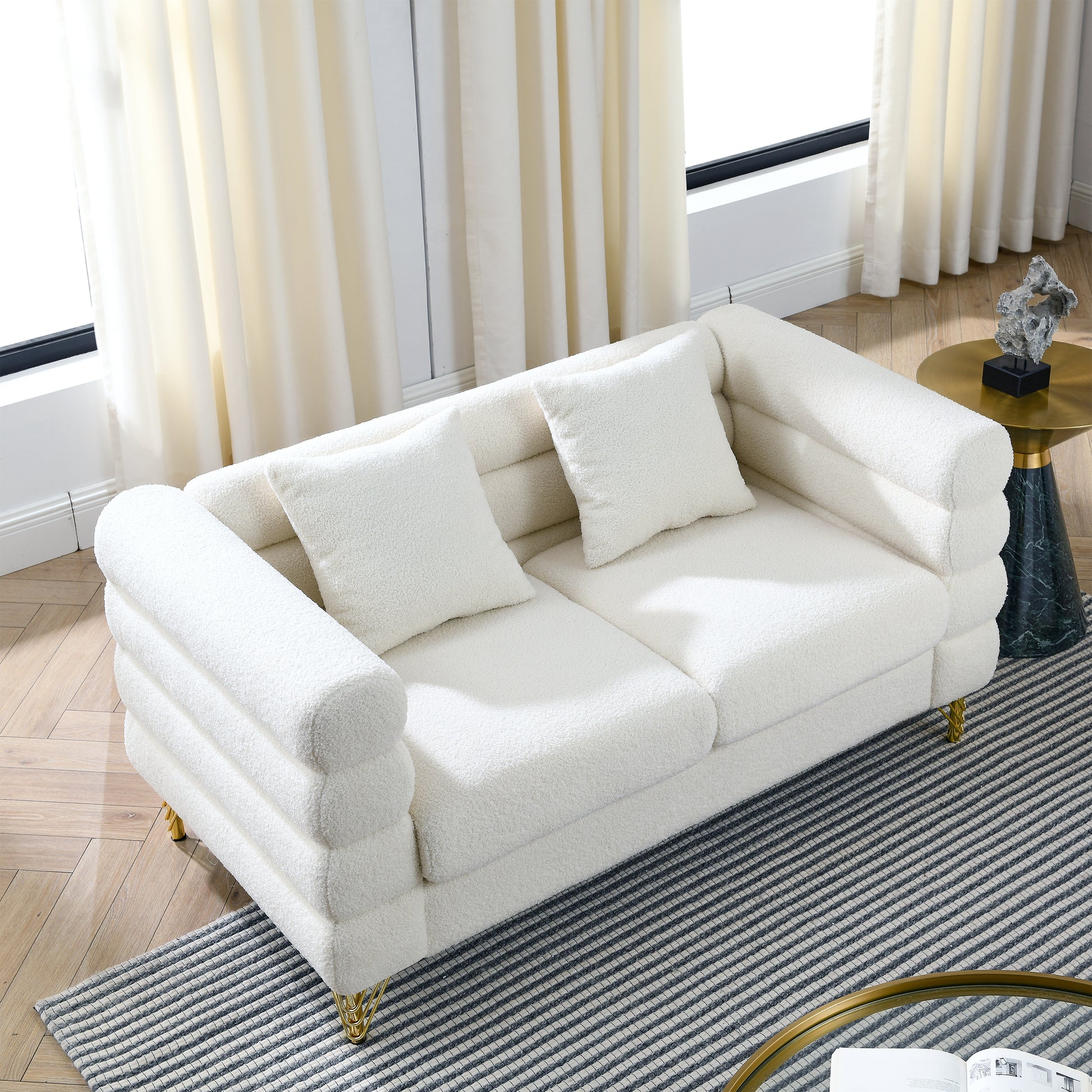 60Inch Oversized 2 Seater Sectional Sofa, Living Room Comfort Fabric Sectional Sofa-Deep Seating Sectional Sofa, Soft Sitting with 2 Pillows for Living Room, Bedroom White teddy(Ivory)(W834S00029)