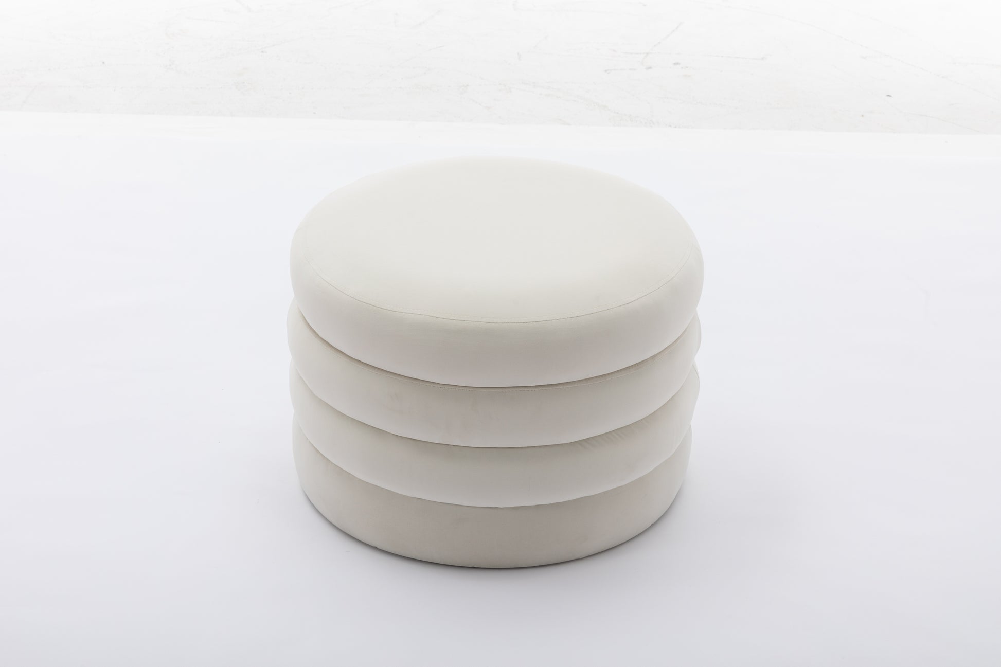 007-Velvet Fabric Storage Round Ottoman Footstool With Wooden Shelving,Ivory