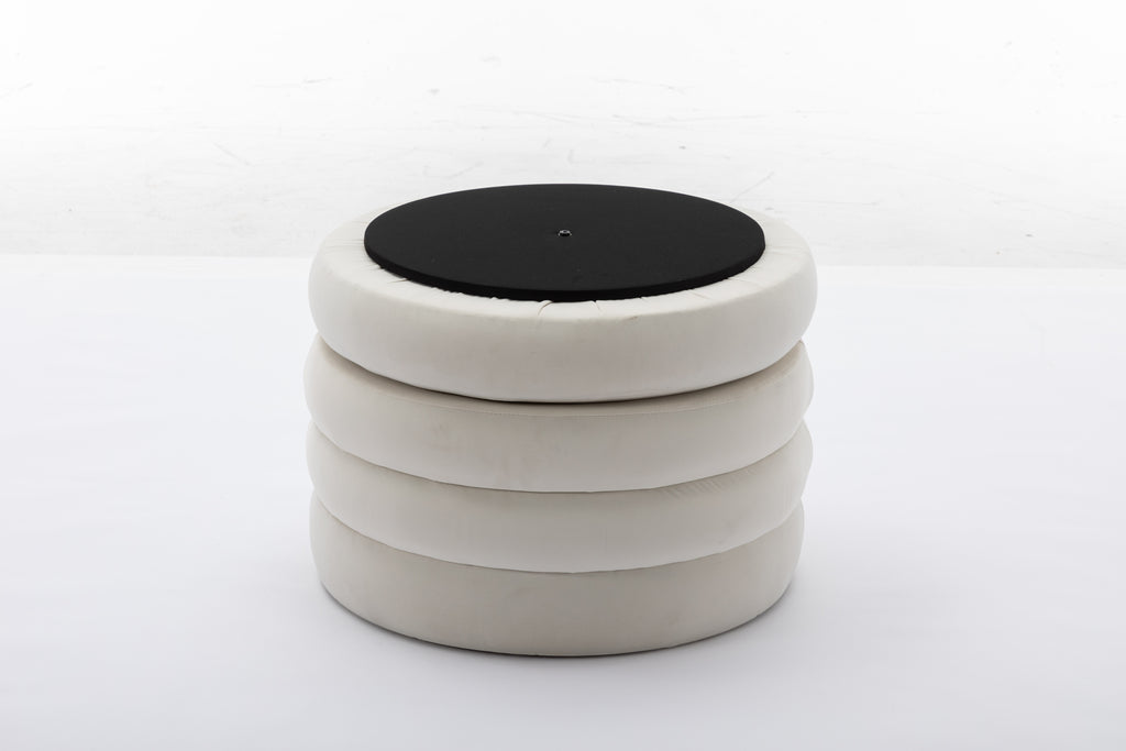 007-Velvet Fabric Storage Round Ottoman Footstool With Wooden Shelving,Ivory