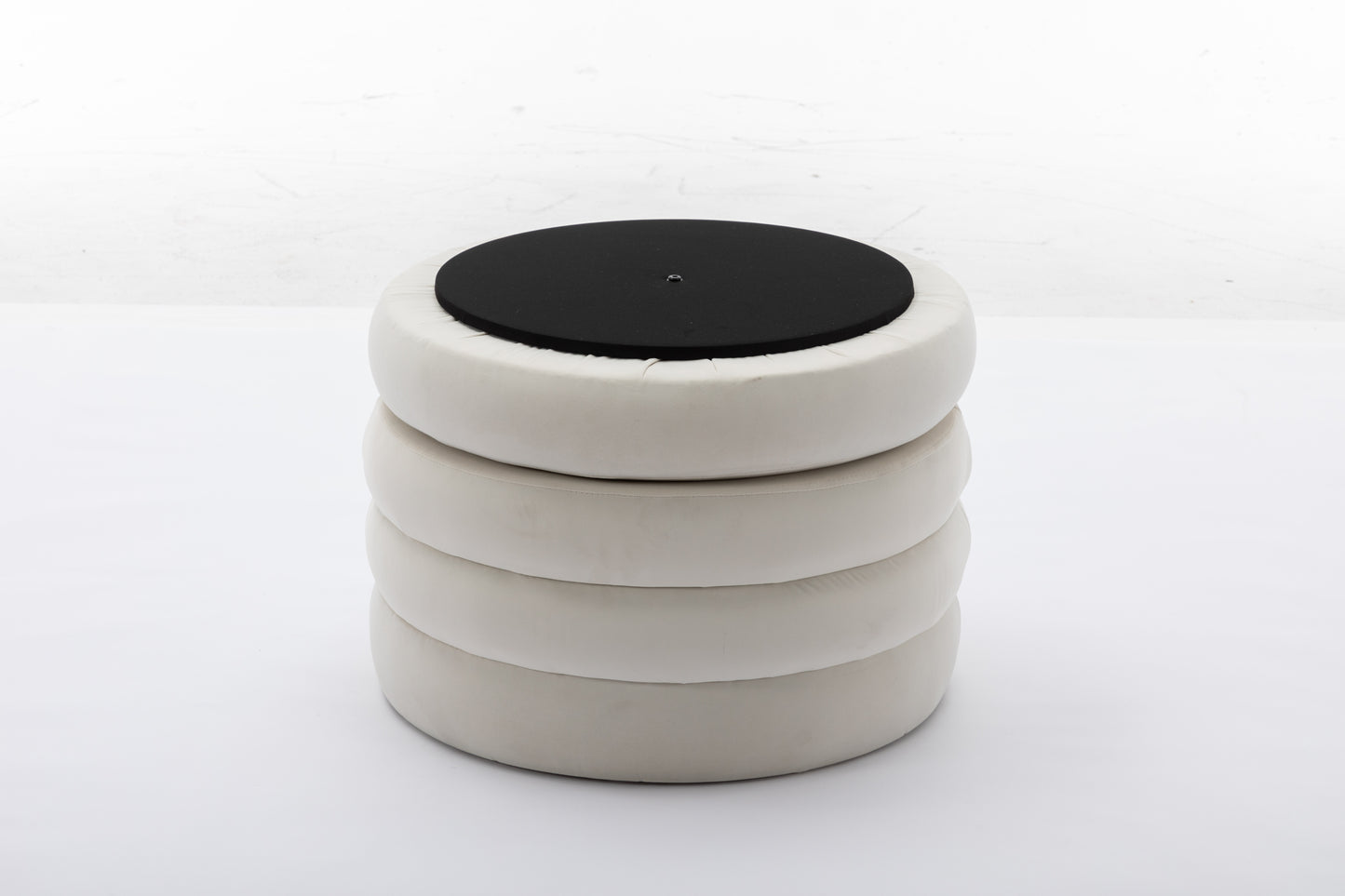 007-Velvet Fabric Storage Round Ottoman Footstool With Wooden Shelving,Ivory