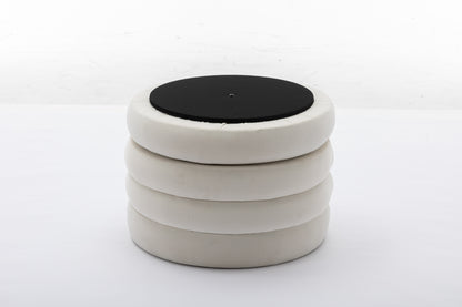 007-Velvet Fabric Storage Round Ottoman Footstool With Wooden Shelving,Ivory