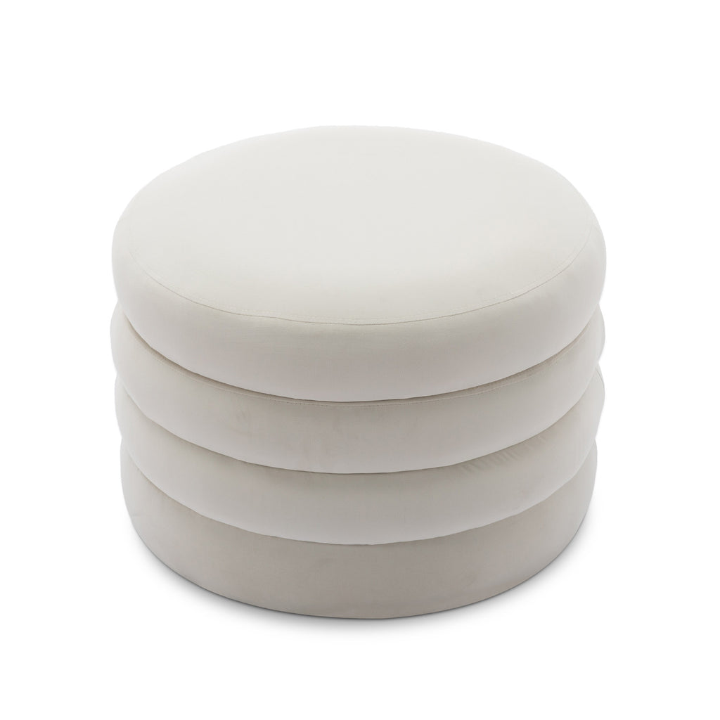 007-Velvet Fabric Storage Round Ottoman Footstool With Wooden Shelving,Ivory