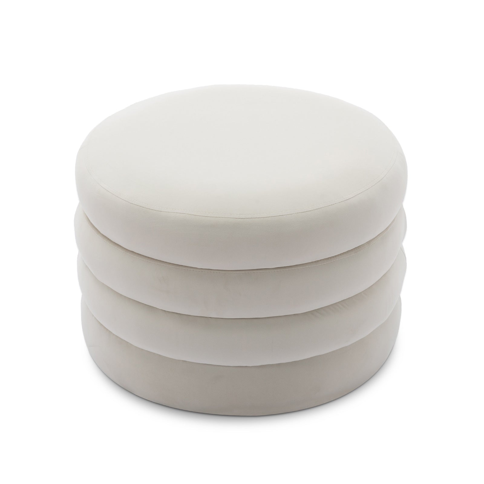 007-Velvet Fabric Storage Round Ottoman Footstool With Wooden Shelving,Ivory