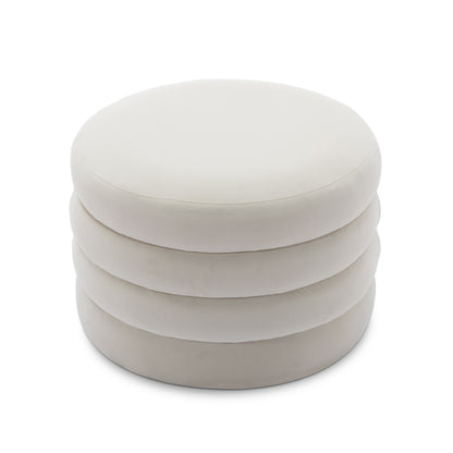 007-Velvet Fabric Storage Round Ottoman Footstool With Wooden Shelving,Ivory
