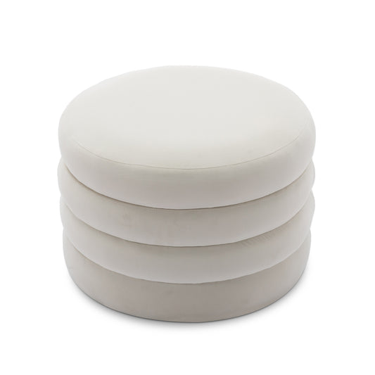 007-Velvet Fabric Storage Round Ottoman Footstool With Wooden Shelving,Ivory