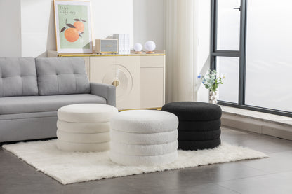 007-Velvet Fabric Storage Round Ottoman Footstool With Wooden Shelving,Ivory