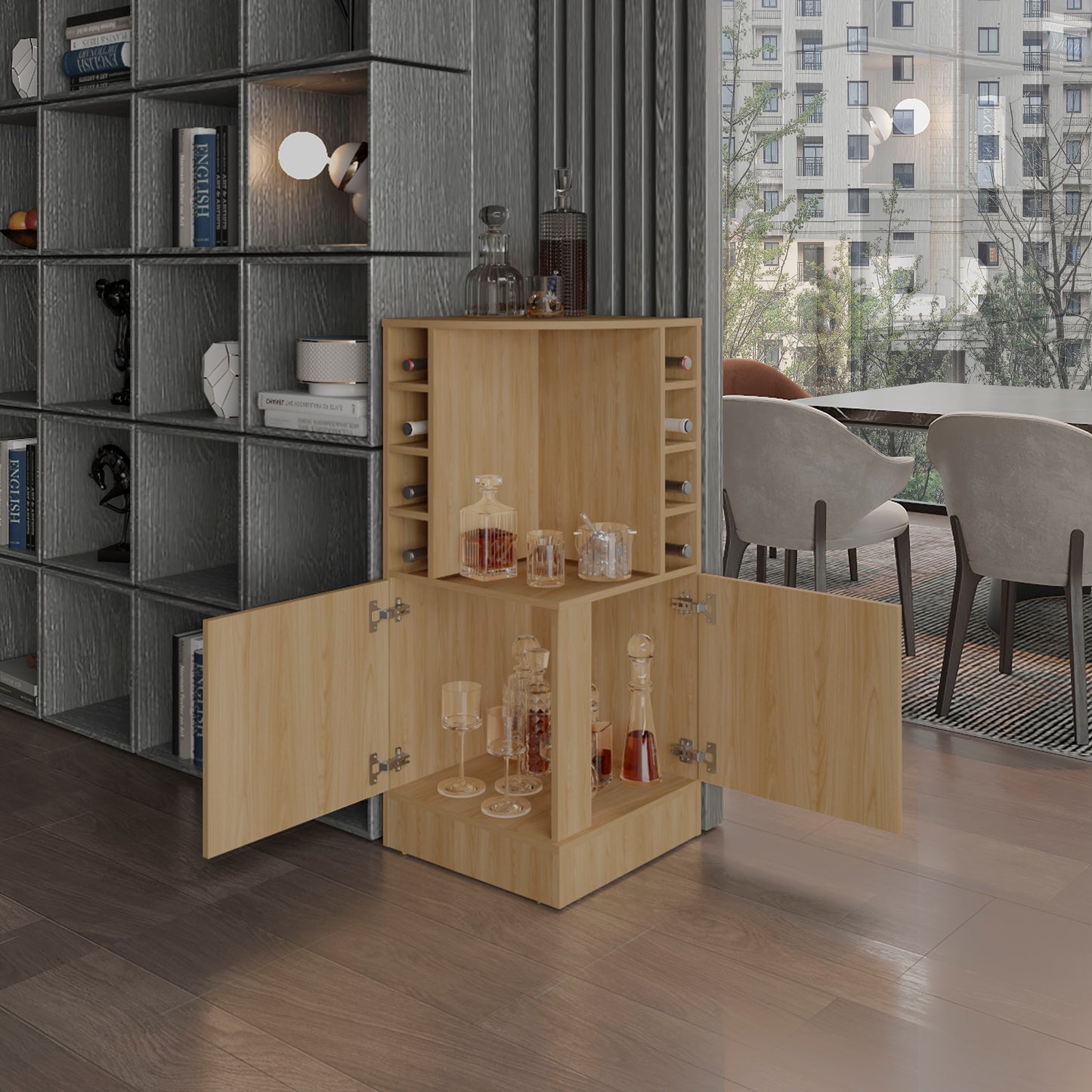 Jakes 42 Tall Corner Bar Cabinet with Eight Wine Bottle Cubbies and Double Door cabinet, Living Room, Liquor Cabinet, Storage Cabinet Light Oak