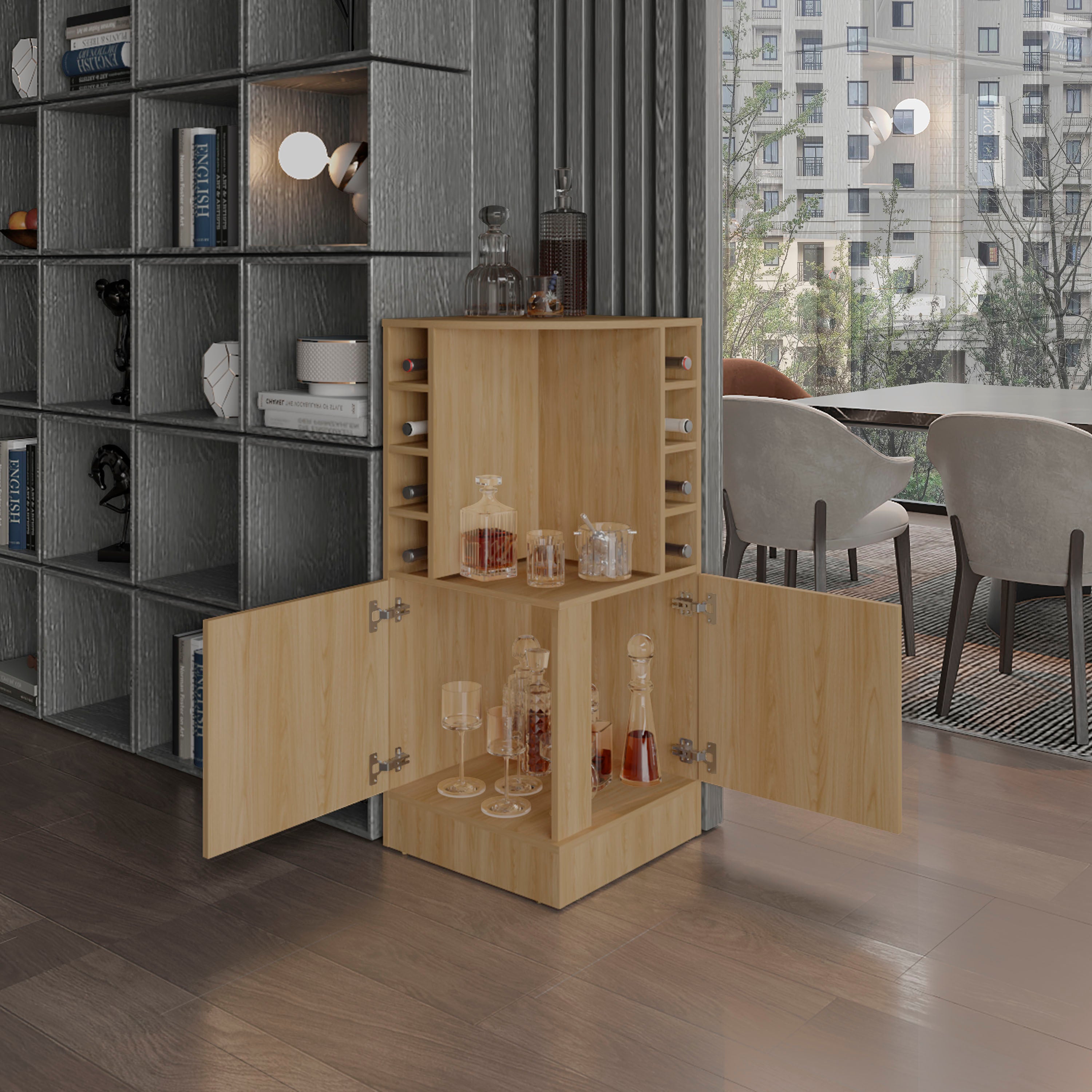 Jakes 42 Tall Corner Bar Cabinet with Eight Wine Bottle Cubbies and Double Door cabinet, Living Room, Liquor Cabinet, Storage Cabinet Light Oak