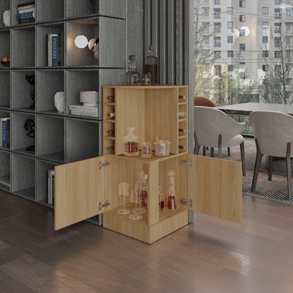 Jakes 42 Tall Corner Bar Cabinet with Eight Wine Bottle Cubbies and Double Door cabinet, Living Room, Liquor Cabinet, Storage Cabinet Light Oak