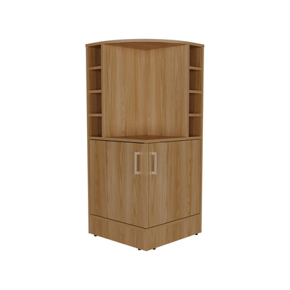 Jakes 42 Tall Corner Bar Cabinet with Eight Wine Bottle Cubbies and Double Door cabinet, Living Room, Liquor Cabinet, Storage Cabinet Light Oak
