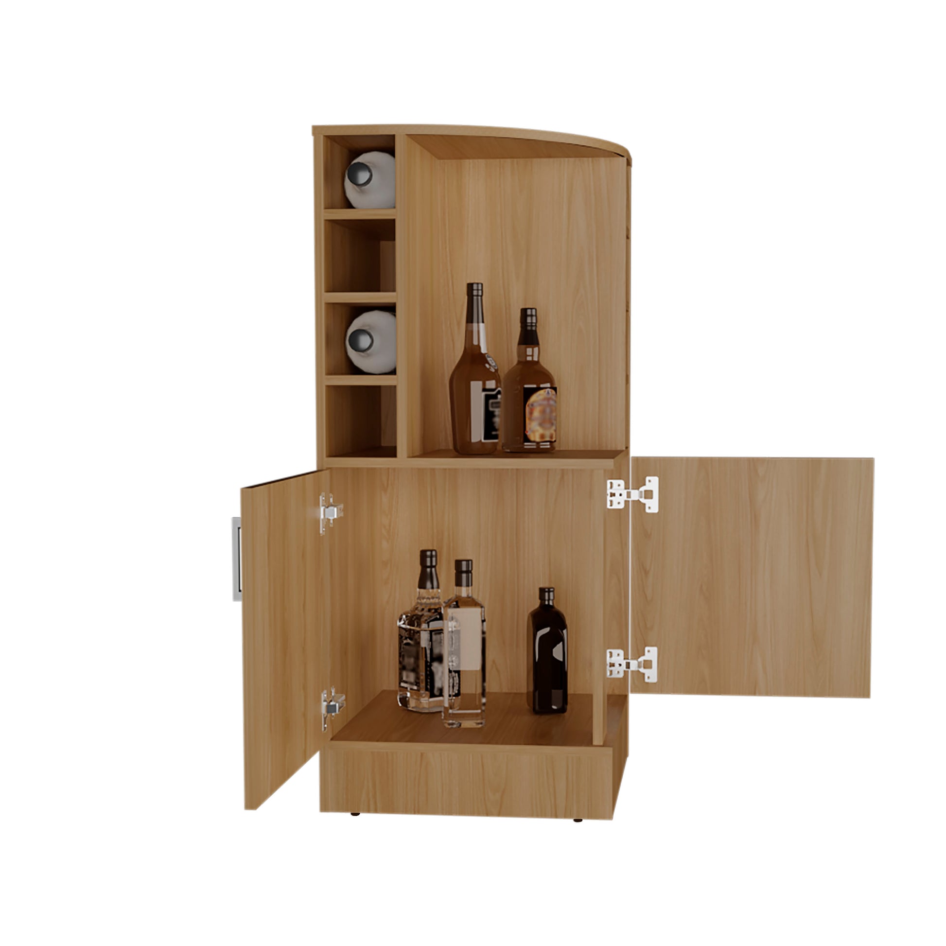 Jakes 42 Tall Corner Bar Cabinet with Eight Wine Bottle Cubbies and Double Door cabinet, Living Room, Liquor Cabinet, Storage Cabinet Light Oak