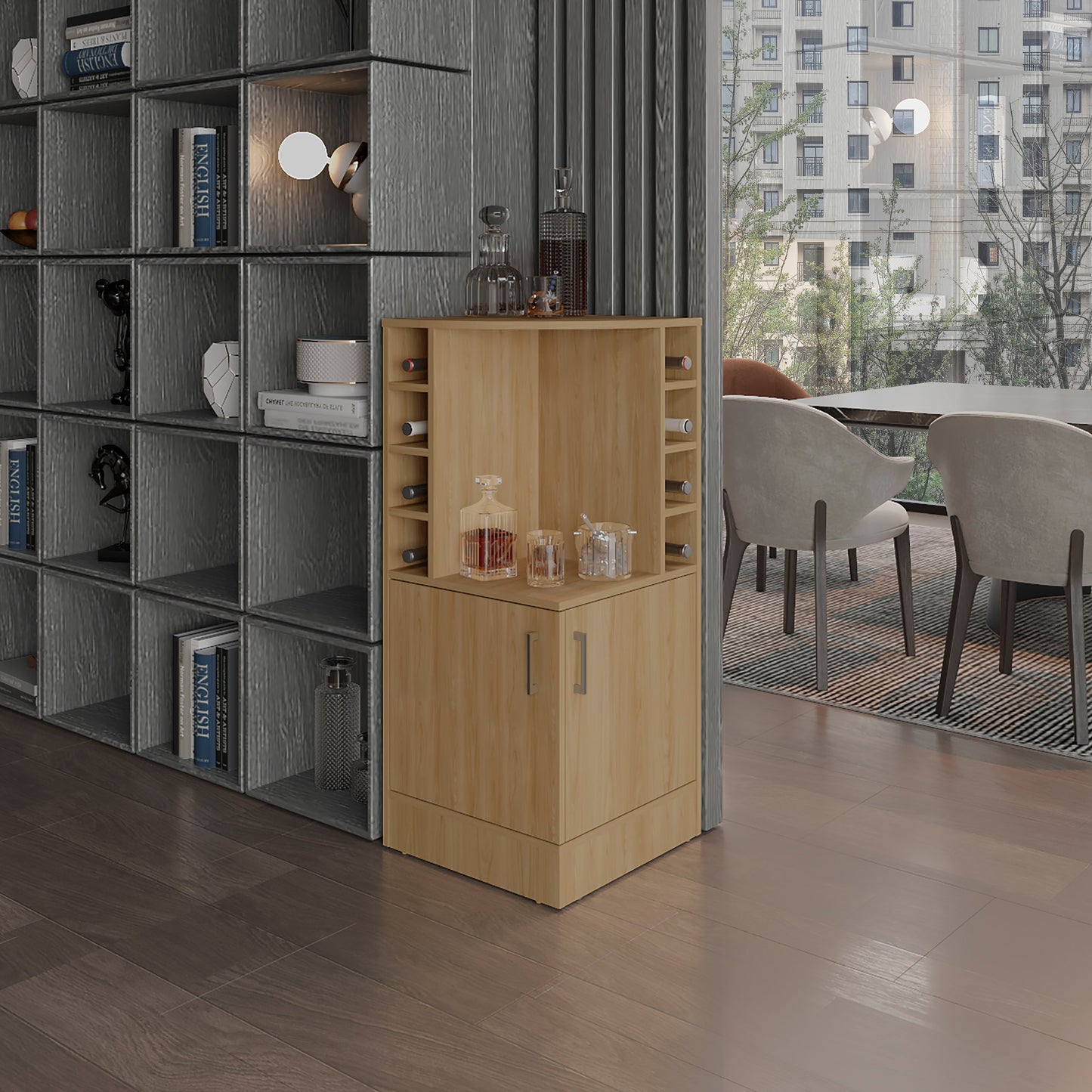 Jakes 42 Tall Corner Bar Cabinet with Eight Wine Bottle Cubbies and Double Door cabinet, Living Room, Liquor Cabinet, Storage Cabinet Light Oak