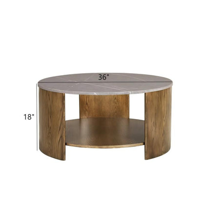 Keegan Round Coffee Table with Shelf Faux Marble Top Oak MDF Coffee Table